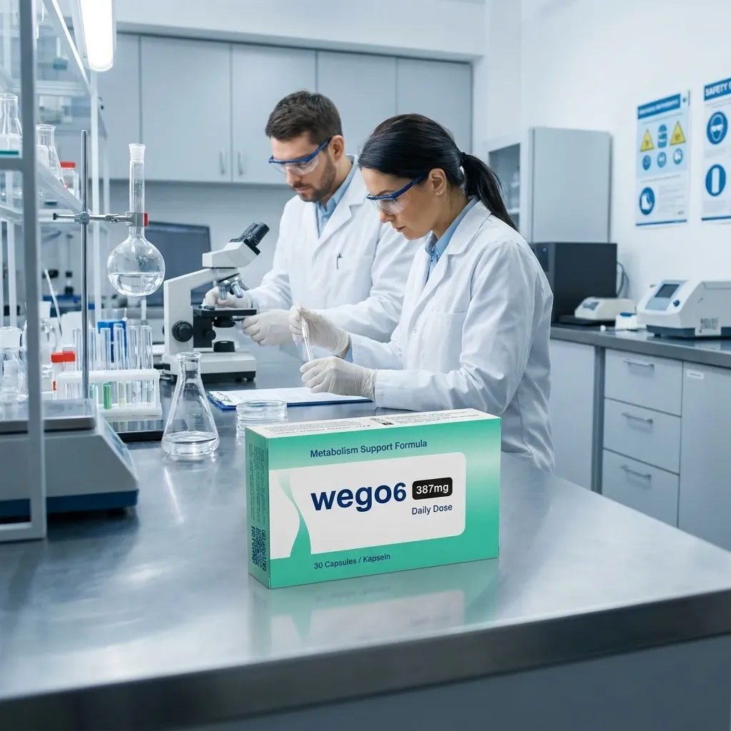 Wetenschappelijk laboratoriumteam controleert de kwaliteit van de wego6-formule